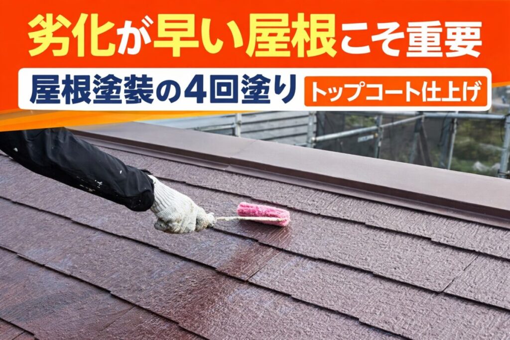 屋根塗装4回塗り(トップコート仕上げ)の施工イメージ(羽村市)