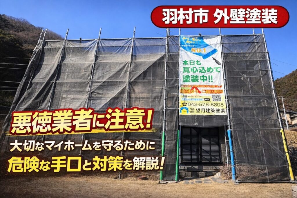 外壁塗装工事中の足場と養生の様子(悪徳業者対策のイメージ)(羽村市)
