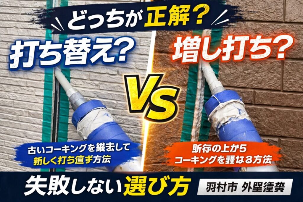 コーキングの打ち替えと増し打ちの違いを比較した施工写真(羽村市)