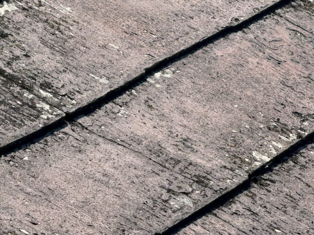 色あせやひび割れ、コケが発生している劣化した屋根の状態