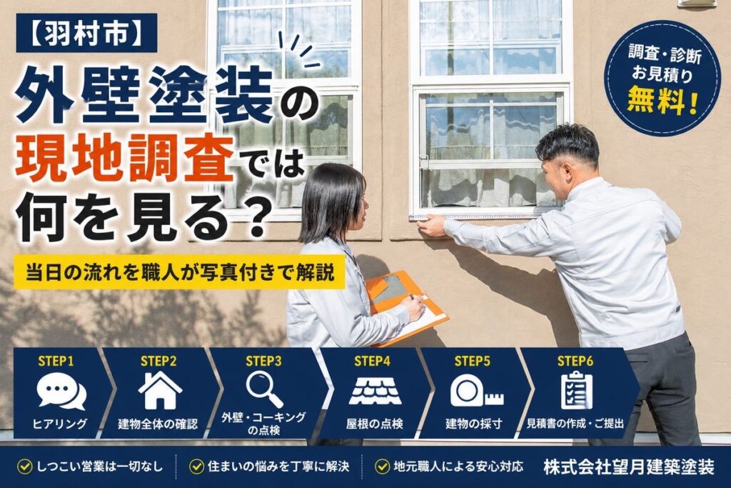 羽村市で外壁塗装の現地調査を行い、建物の状態を確認している様子