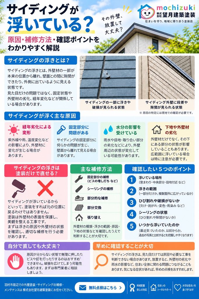 サイディングの浮きの原因と補修・交換の判断ポイントを示した図解