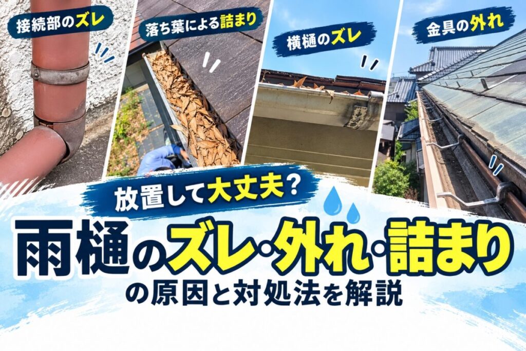 雨樋の接続部のズレ、落ち葉の詰まり、横樋のズレ、金具の外れ